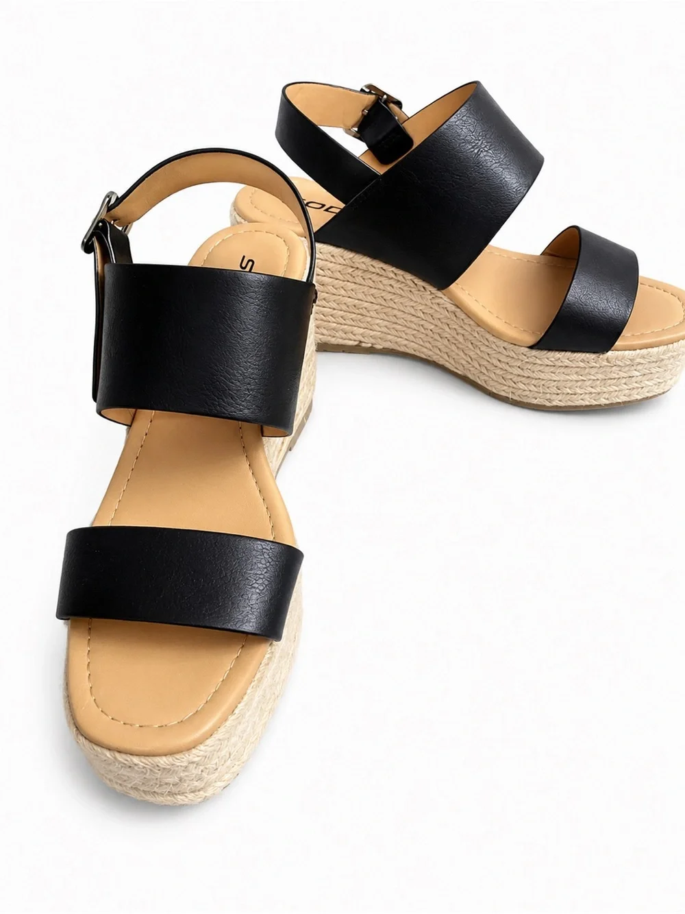 Soda Black Leather-Look Espadrille Wedge Sandals